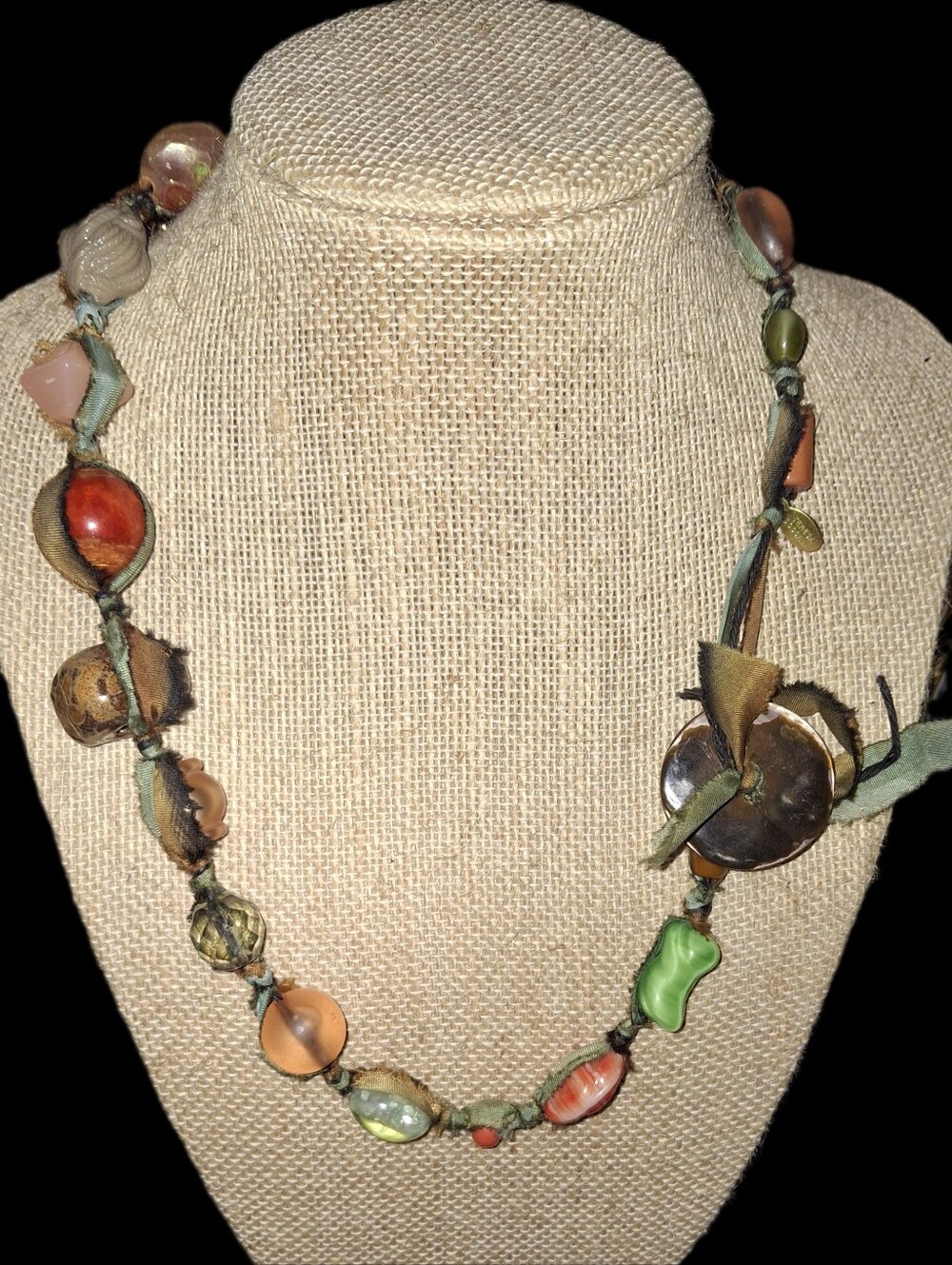 Signed Handmade Multicolor Linen Stonewear Acrylic Bead & Shell Necklace